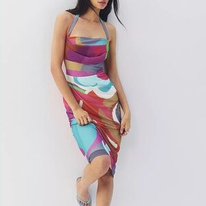 NWT! By Anthropologie Square-Neck Halter Midi Dress Medium Pink Pattern